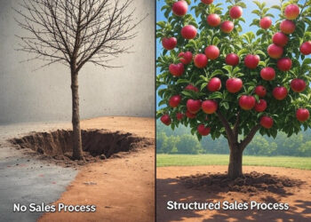 Split-screen graphic of barren tree vs thriving fruit tree showing structured sales process benefits