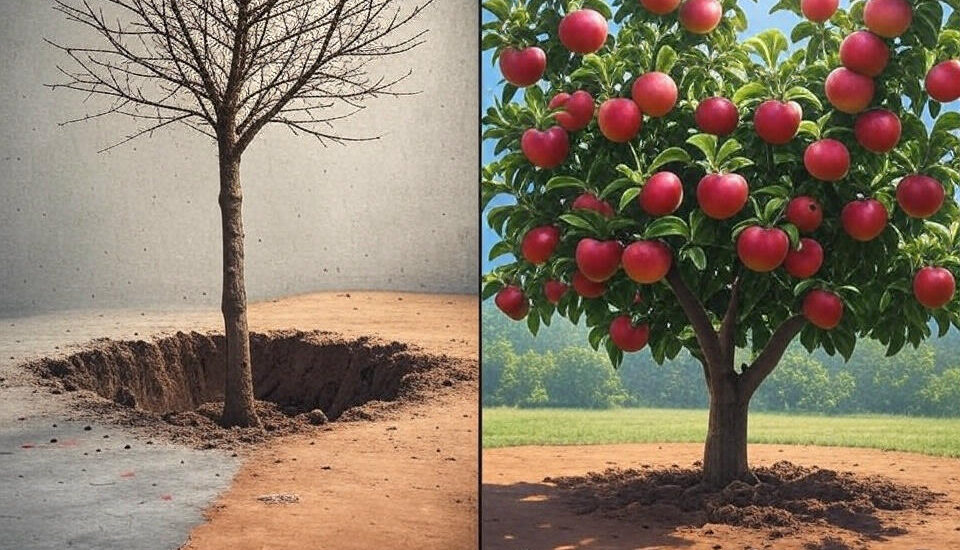Split-screen graphic of barren tree vs thriving fruit tree showing structured sales process benefits