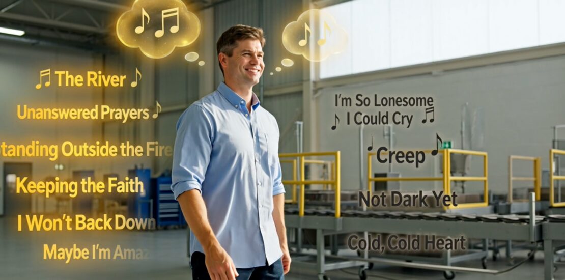 Confident B2B salesperson with positive and negative song titles floating around his head showing sales mindset