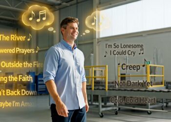 Confident B2B salesperson with positive and negative song titles floating around his head showing sales mindset