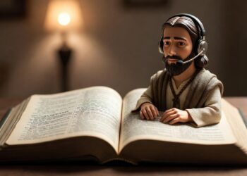 Open Bible showing Matthew 5 with figurine of Matthew the Apostle wearing a modern phone headset and microphone, symbolizing biblical wisdom applied to sales prospecting and cold calling