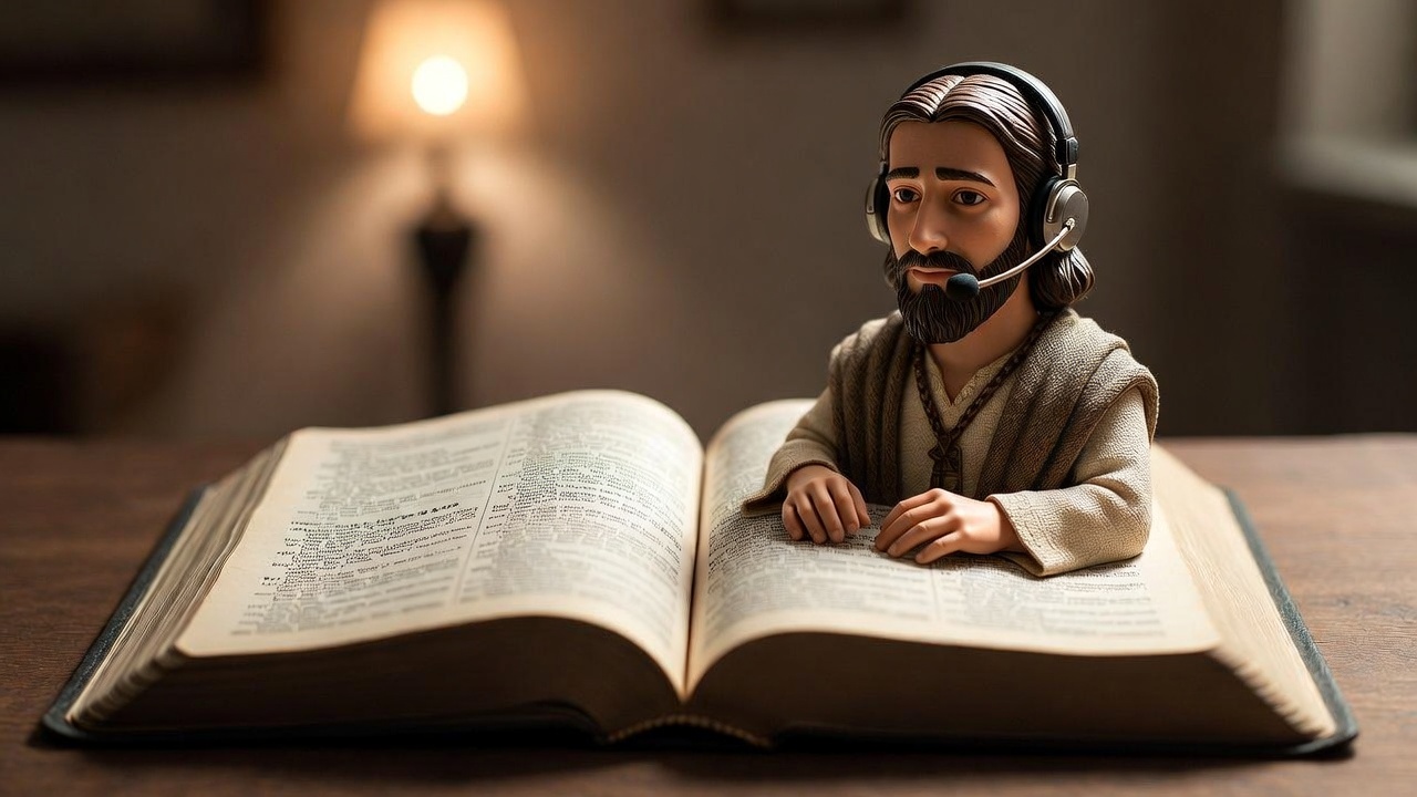 Open Bible showing Matthew 5 with figurine of Matthew the Apostle wearing a modern phone headset and microphone, symbolizing biblical wisdom applied to sales prospecting and cold calling