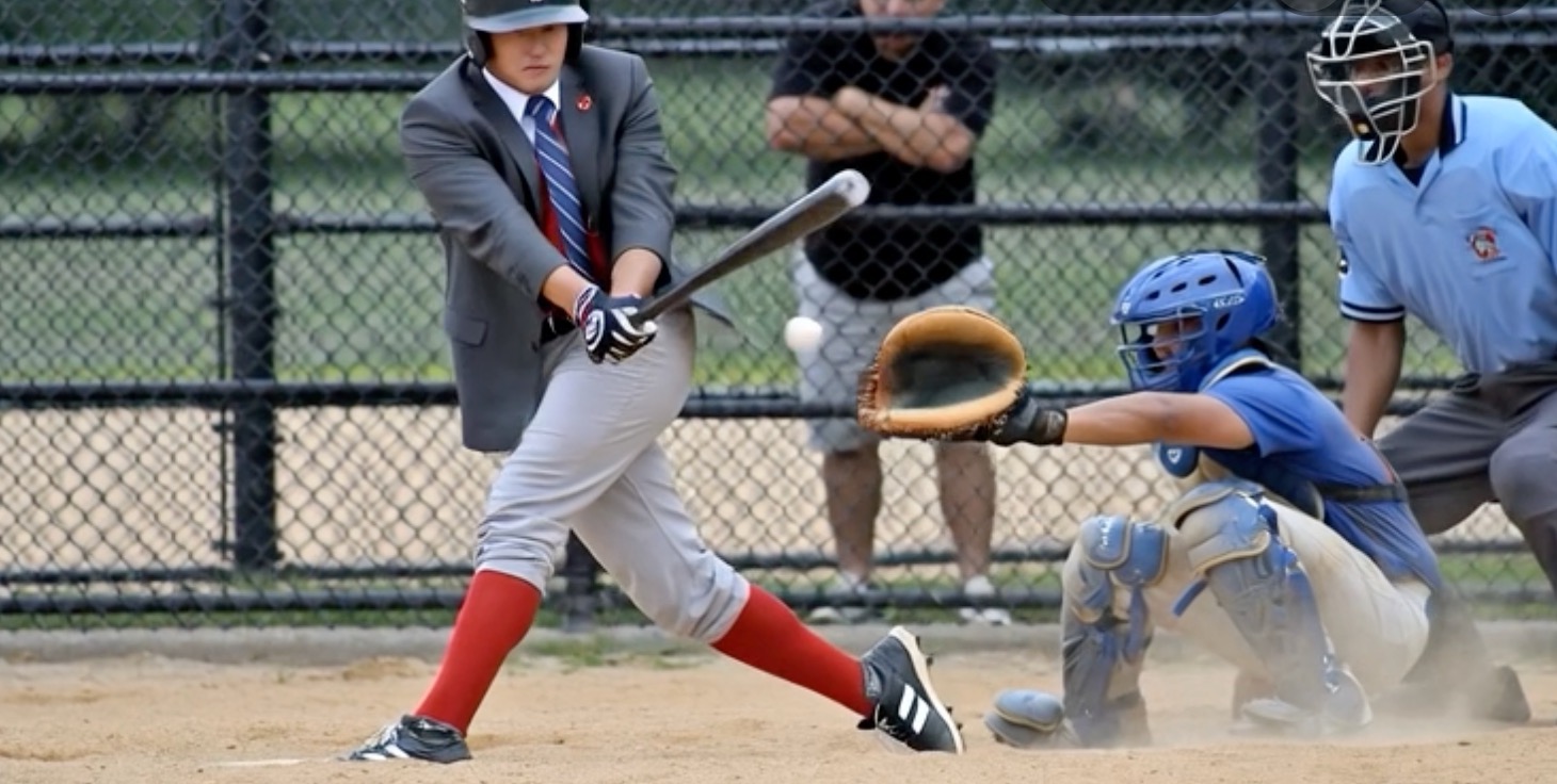 Businessman in suit striking out at baseball plate with umpire making dramatic out sign, illustrating fatal flaw in strong salespeople