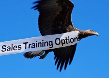 Cartoon vulture flying like an advertising blimp with a large banner across its side reading "Sales Training Options"