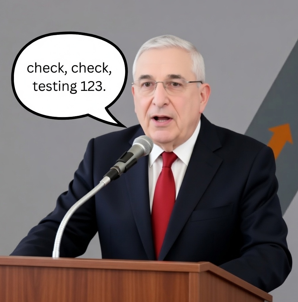 Dave Kurlan at a podium microphone doing a sound check for sales best practices, with speech bubble saying 'check, check, testing 123' – 2026 sales overhaul article header