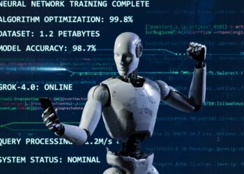 Futuristic AI robot holding smartphone with neural network data and code in background, symbolizing strengths and limitations of AI in sales prospecting