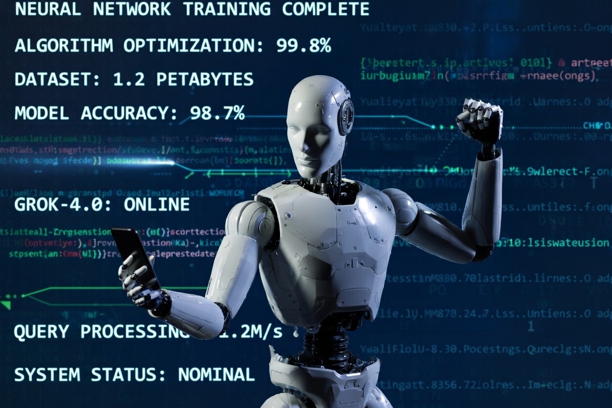 Futuristic AI robot holding smartphone with neural network data and code in background, symbolizing strengths and limitations of AI in sales prospecting