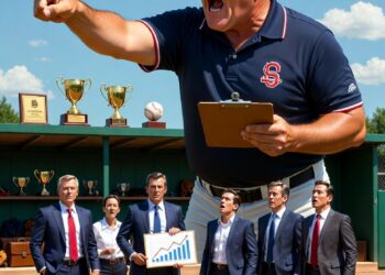 Little League baseball dad coach passionately coaching a team of adult salespeople in business suits on a baseball field, humorously illustrating poor sales management and development
