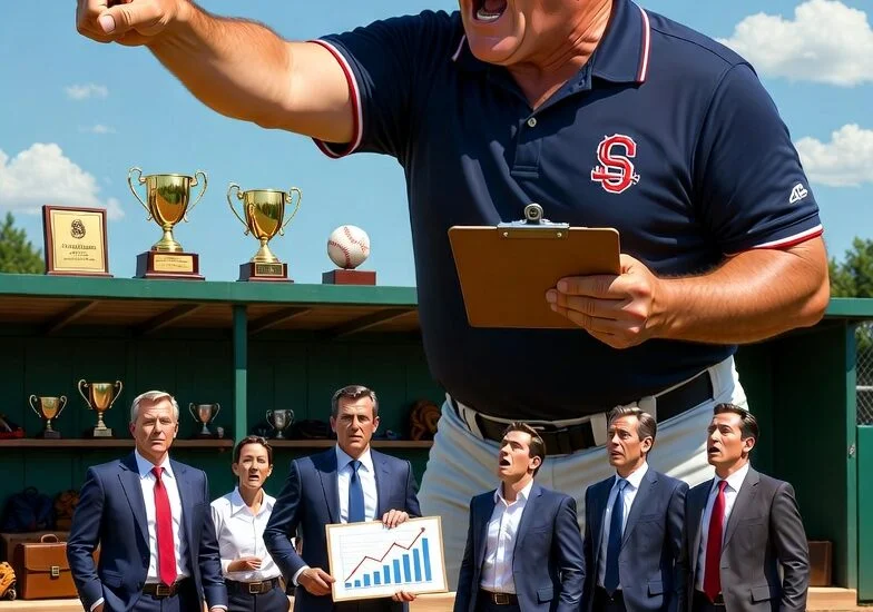 Little League baseball dad coach passionately coaching a team of adult salespeople in business suits on a baseball field, humorously illustrating poor sales management and development