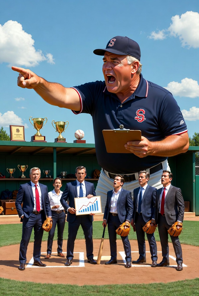 Little League baseball dad coach passionately coaching a team of adult salespeople in business suits on a baseball field, humorously illustrating poor sales management and development