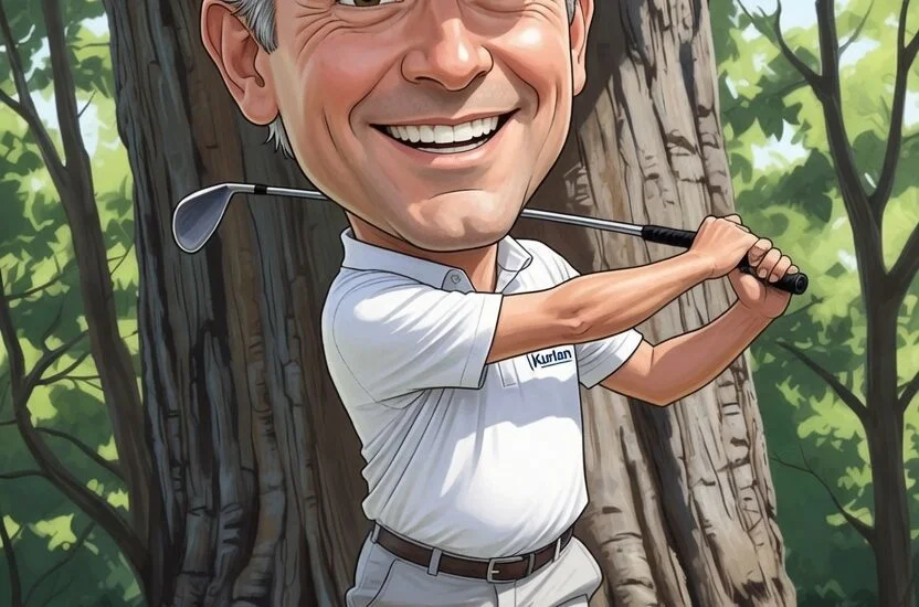 Cartoon of Dave Kurlan hitting a recovery golf shot from the woods, wearing a Baseline Selling cap and Kurlan logo shirt, illustrating small improvements in sales