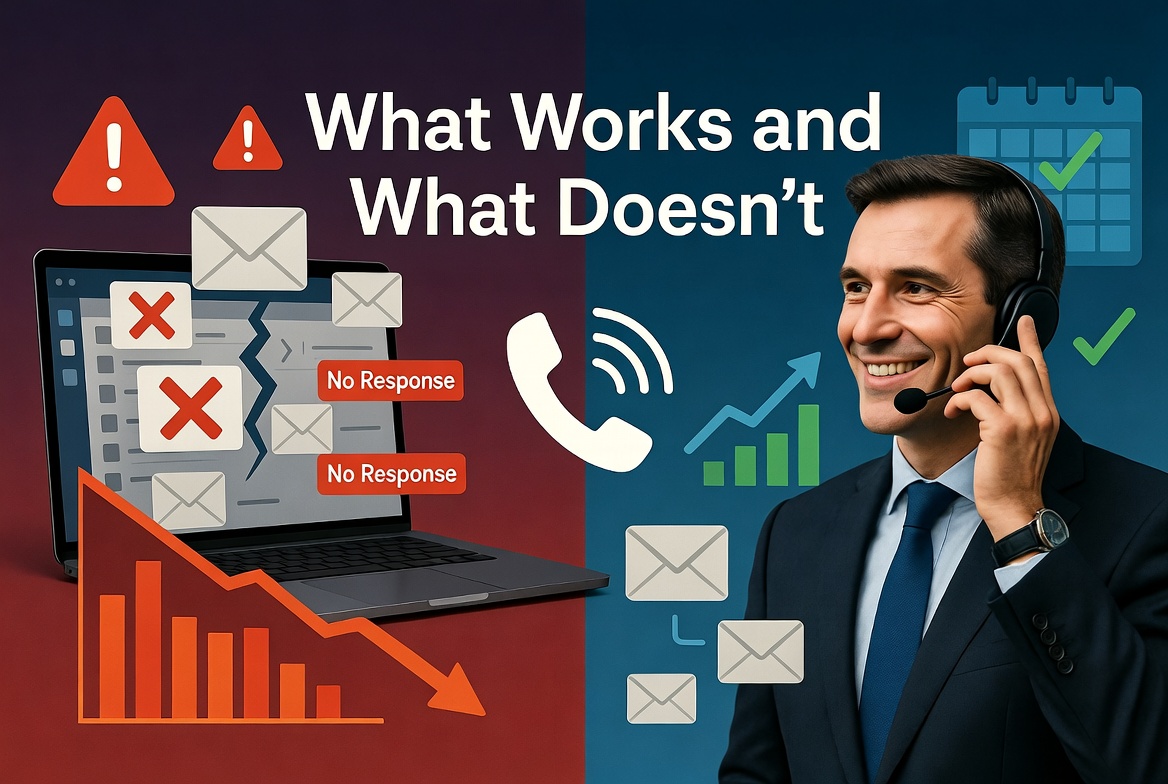 Professional illustration showing why cold emails fail and phone calls succeed for growing sales meetings and pipeline.