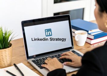 Professional strategist creating LinkedIn content on laptop, planning post formats like text, carousels, and video for 2026 algorithm success