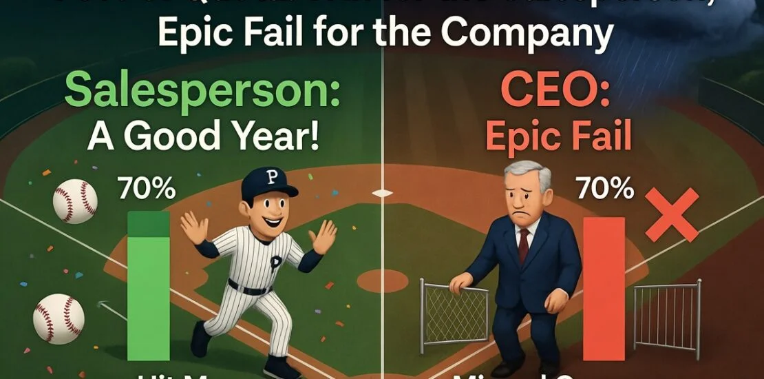 70% of Quota: Win for the Salesperson celebrating a good year vs Epic Fail for the CEO and company revenue goals on a baseball diamond illustrating lowered quotas versus real sales leadership