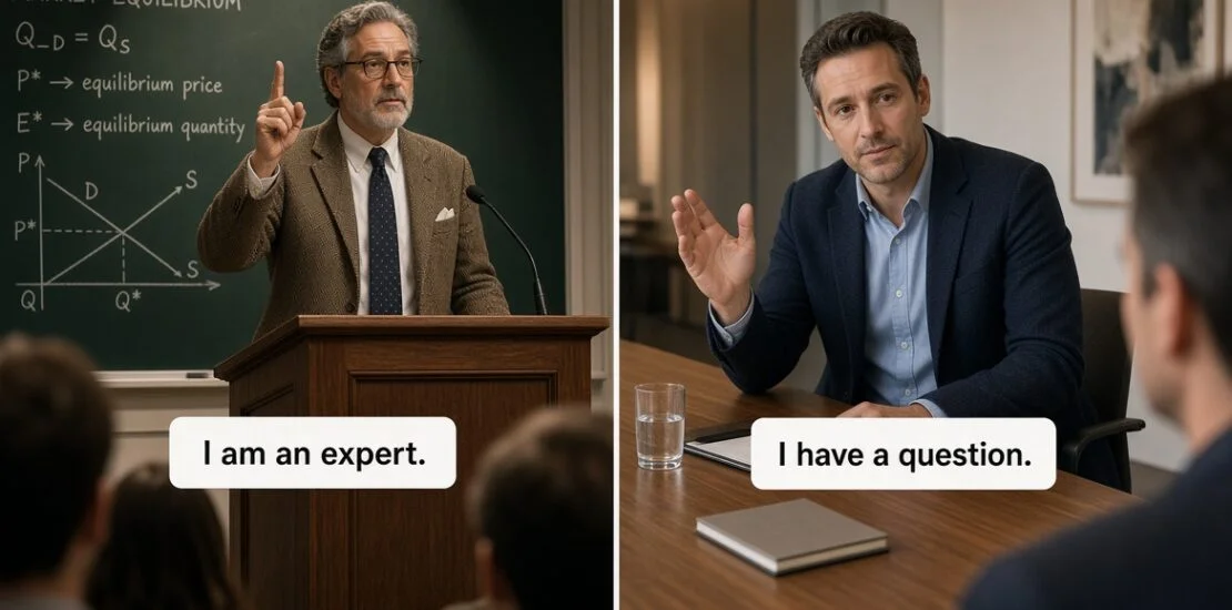 Split-screen illustration: a professor at a podium saying “I am an expert,” and a salesperson at a conference table saying “I have a question.”