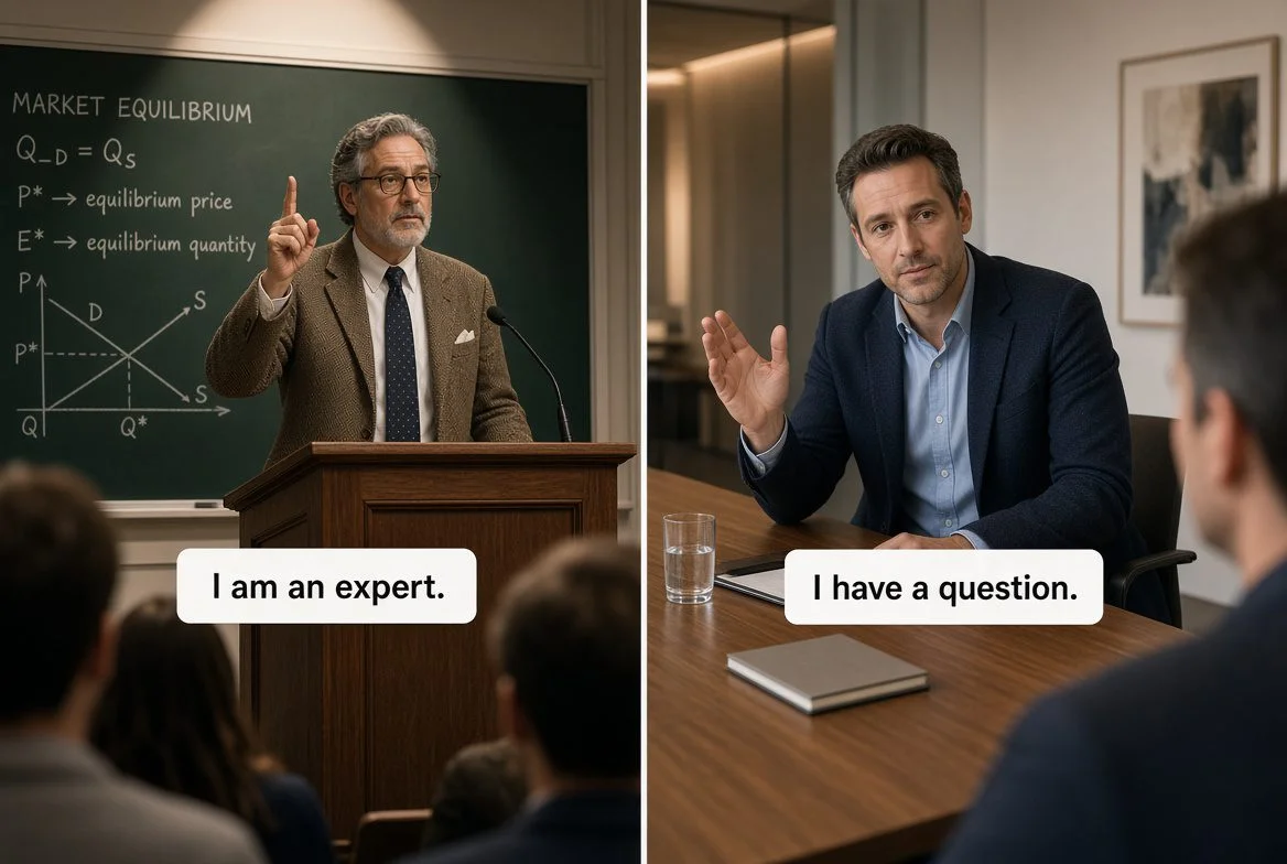 Split-screen illustration: a professor at a podium saying “I am an expert,” and a salesperson at a conference table saying “I have a question.”