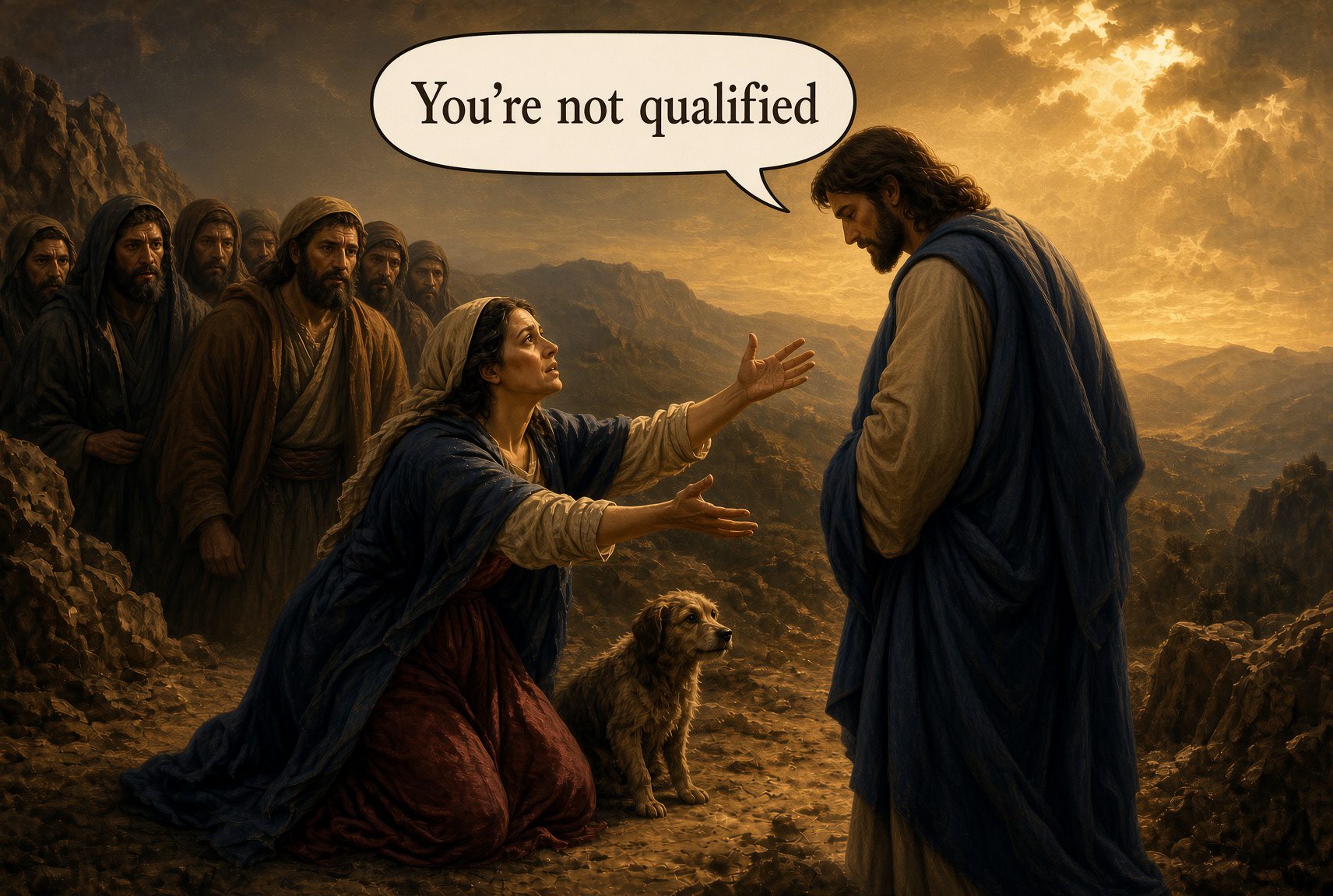 Classical painting-style scene of the Canaanite woman kneeling before Jesus with a speech bubble reading “You’re not qualified,” illustrating early disqualification and the power of persistence and faith in the sales process.