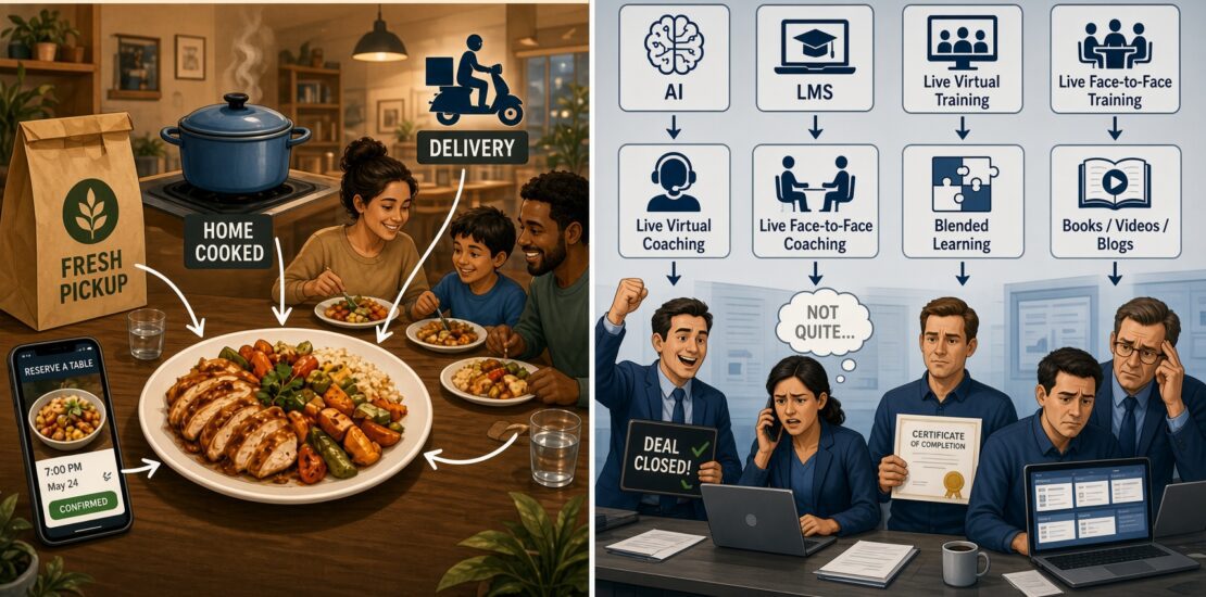 Split illustration comparing Food Equity, where every dinner path leads to the same meal, with No Sales Equity, where eight sales development methods produce very different salesperson results.