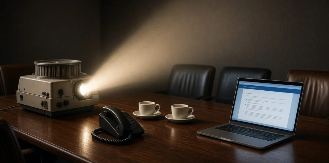 Vintage slide carousel and laptop presentation on a conference table with an unused phone between them