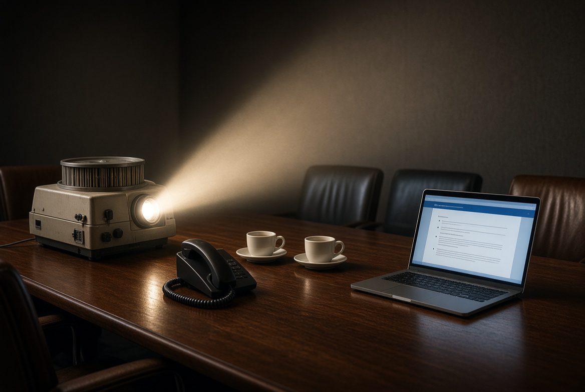 Vintage slide carousel and laptop presentation on a conference table with an unused phone between them