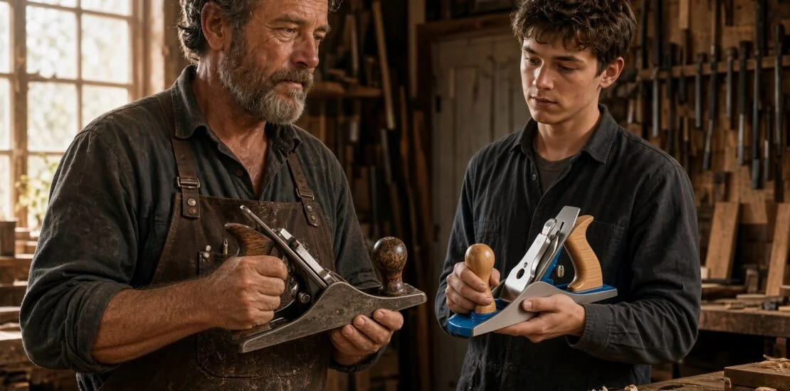 Experienced carpenter holding a worn metal hand plane stands beside a young apprentice holding a new plane in a workshop filled with wood shavings.