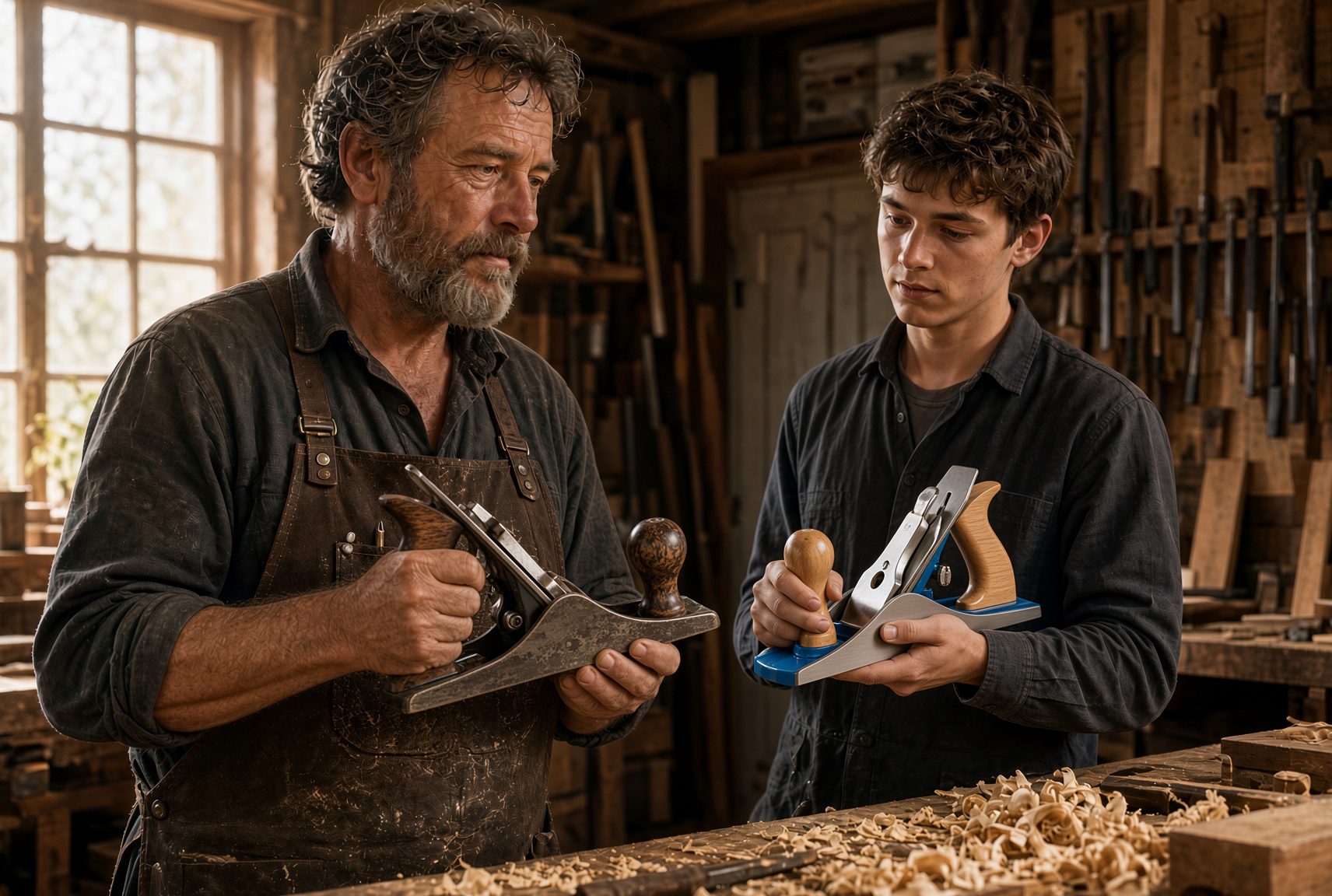 Experienced carpenter holding a worn metal hand plane stands beside a young apprentice holding a new plane in a workshop filled with wood shavings.