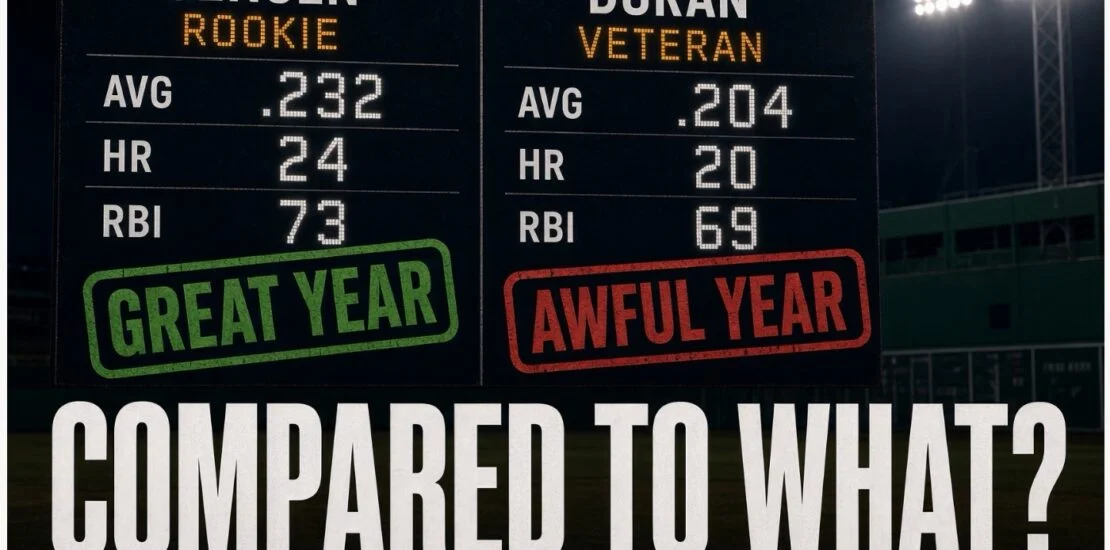 Split image of a baseball scoreboard showing similar home run and RBI totals next to two different verdicts, great year versus awful year, with the question compared to what.