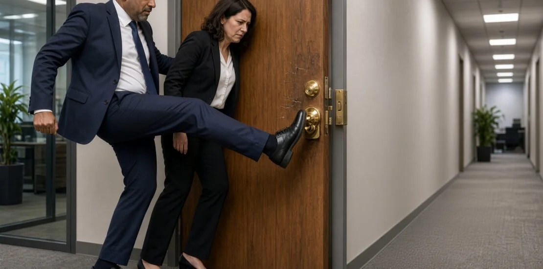 Two salespeople in business attire try to kick open a wooden office door with a prominent brass deadbolt that does not line up with the strike plate.