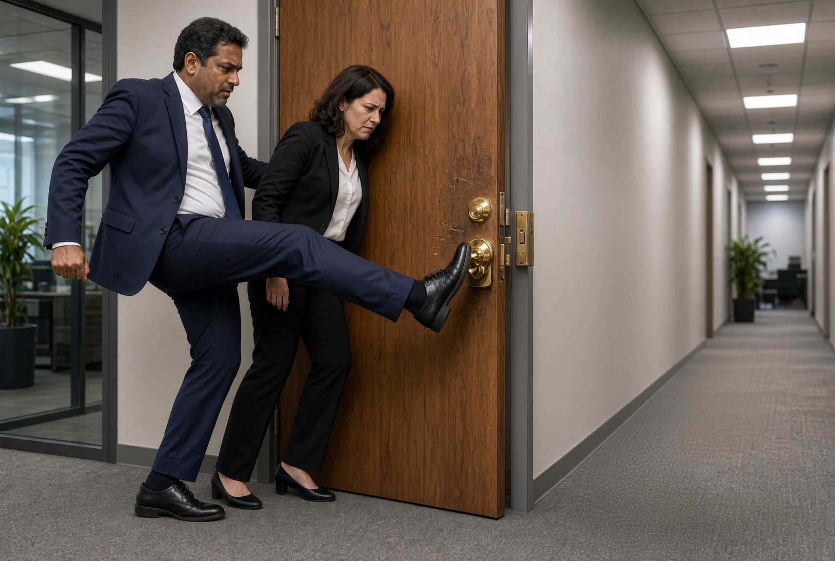 Two salespeople in business attire try to kick open a wooden office door with a prominent brass deadbolt that does not line up with the strike plate.