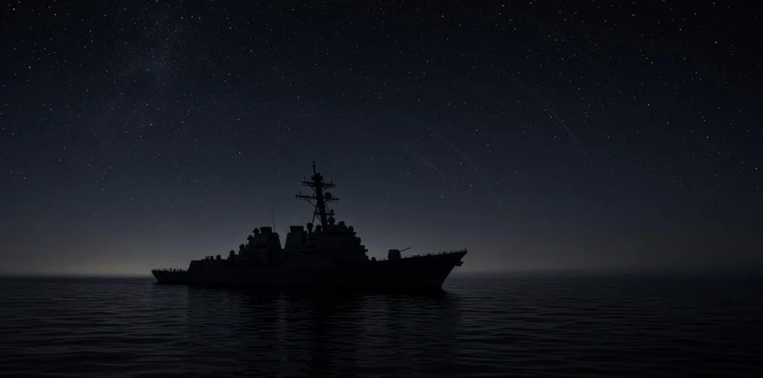 Modern U.S. Navy destroyer running completely dark at night under a starry sky with faint radar arcs, illustrating EMCOM radio silence used by prospects to hide buying urgency from salespeople