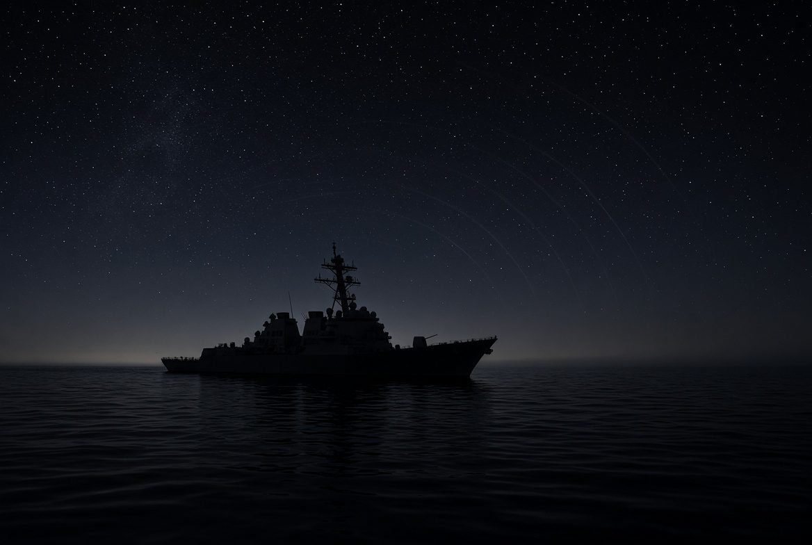 Modern U.S. Navy destroyer running completely dark at night under a starry sky with faint radar arcs, illustrating EMCOM radio silence used by prospects to hide buying urgency from salespeople