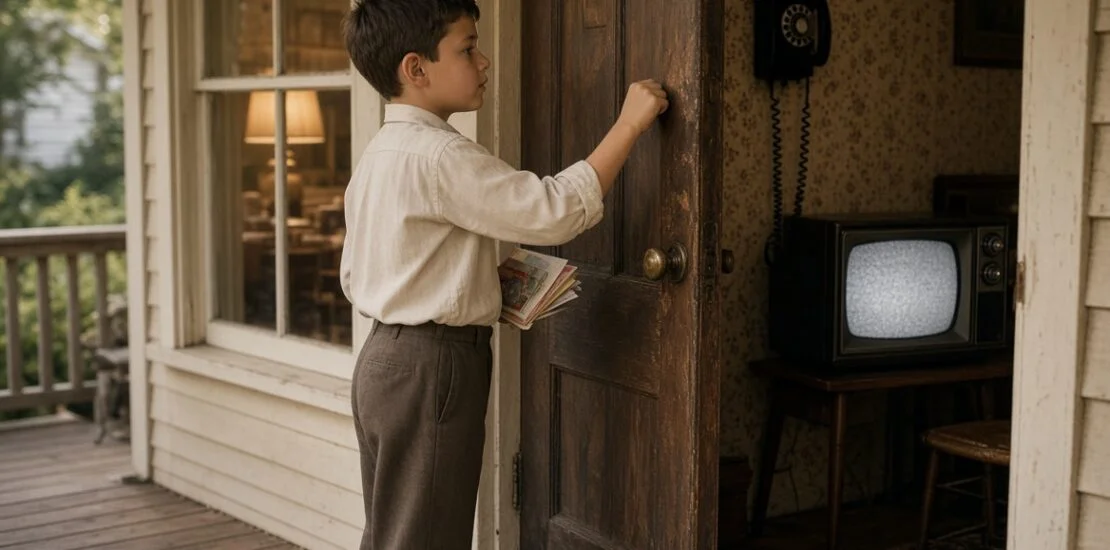 A boy holding greeting cards knocks on a 1960s front door while a rotary wall phone and a snowy black-and-white television sit inside the house.