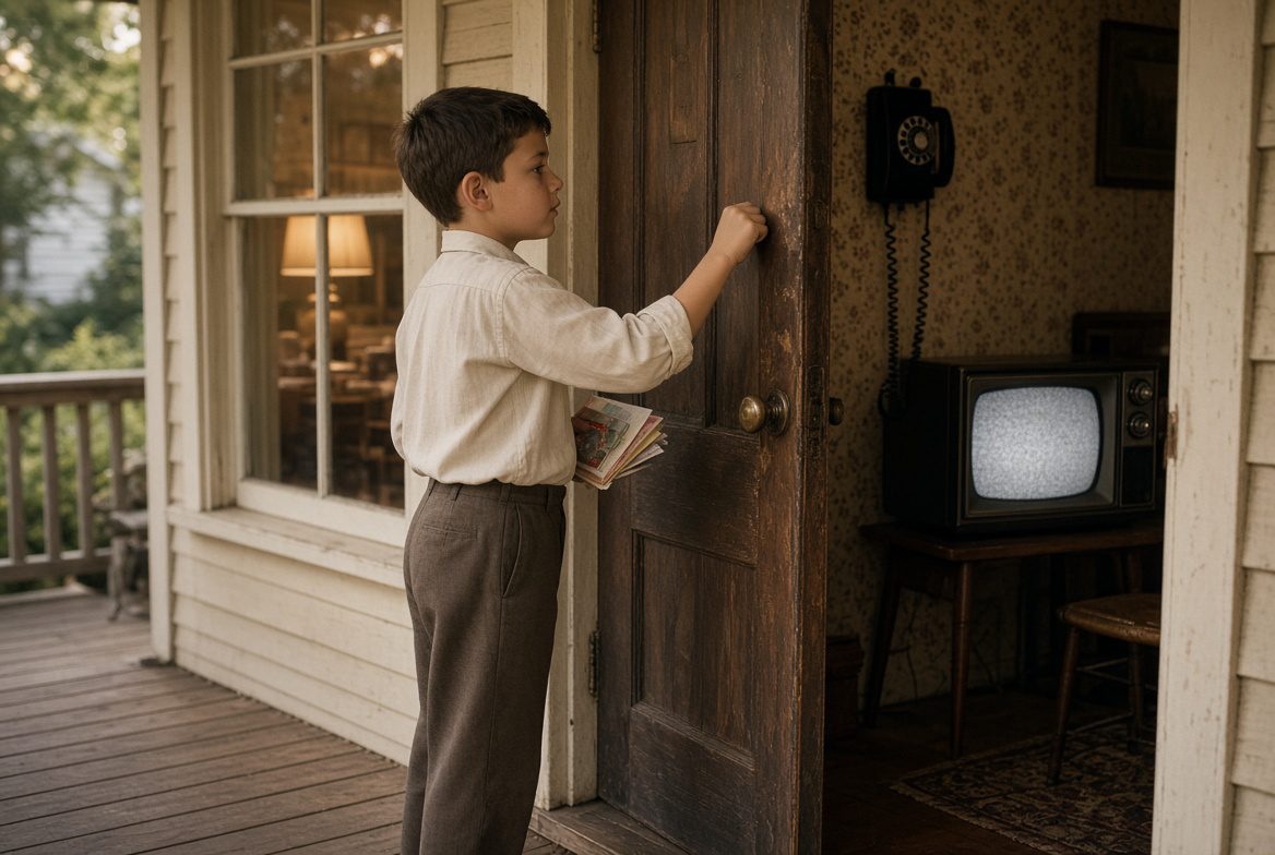 A boy holding greeting cards knocks on a 1960s front door while a rotary wall phone and a snowy black-and-white television sit inside the house.
