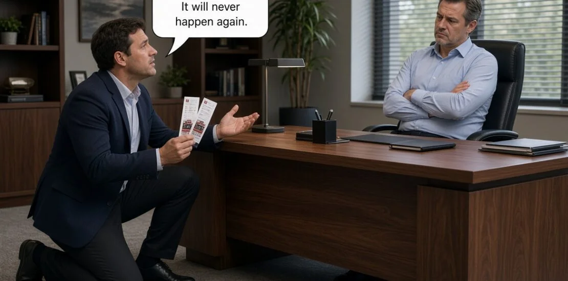 A salesperson kneels beside a customer's desk holding baseball tickets and asking forgiveness, promising it will never happen again, while the customer sits with arms crossed.