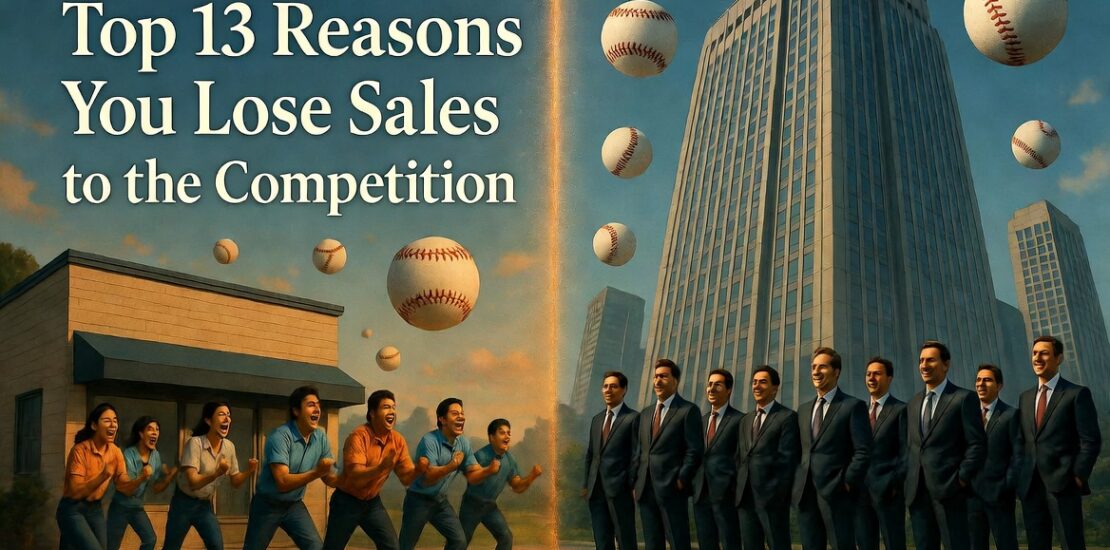 Featured image for Top 13 Reasons You Lose Sales to the Competition - underdog small sales team versus dominant large competitor team in split-screen baseball-themed design