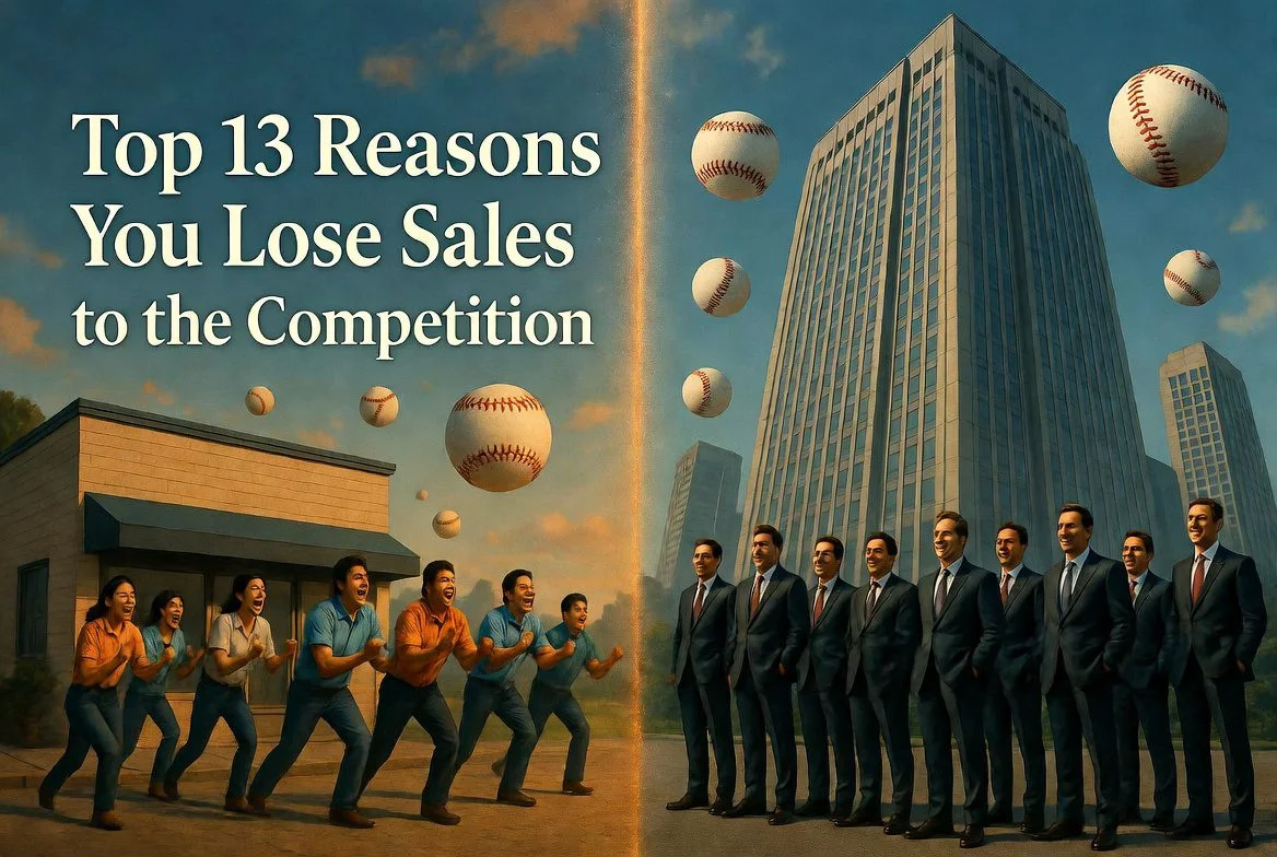 Featured image for Top 13 Reasons You Lose Sales to the Competition - underdog small sales team versus dominant large competitor team in split-screen baseball-themed design