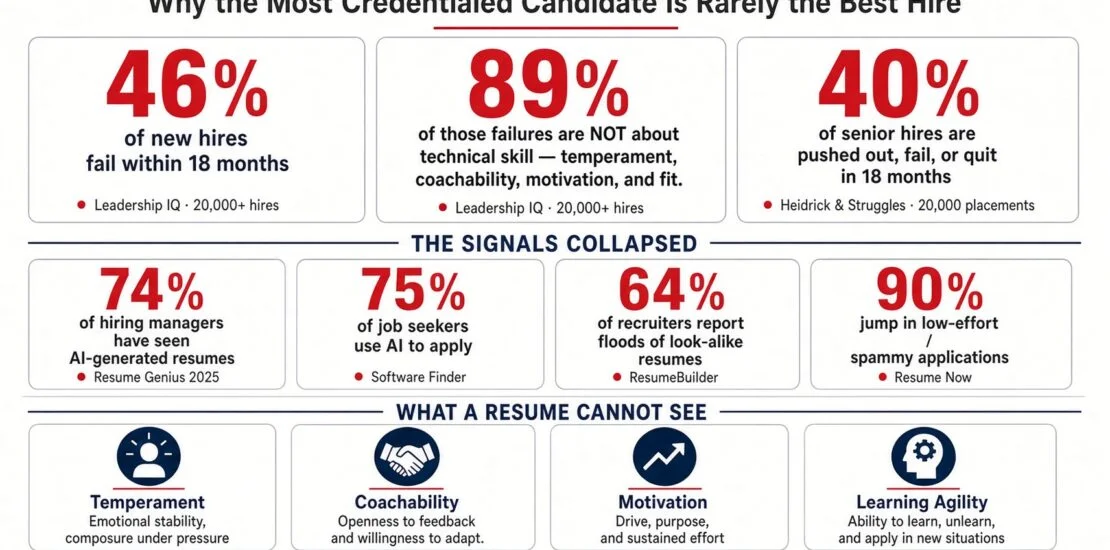 Infographic titled The Resume Paradox showing that 46% of new hires fail within 18 months and 89% of those failures are not about technical skill, with AI resume statistics and the traits a resume cannot see.