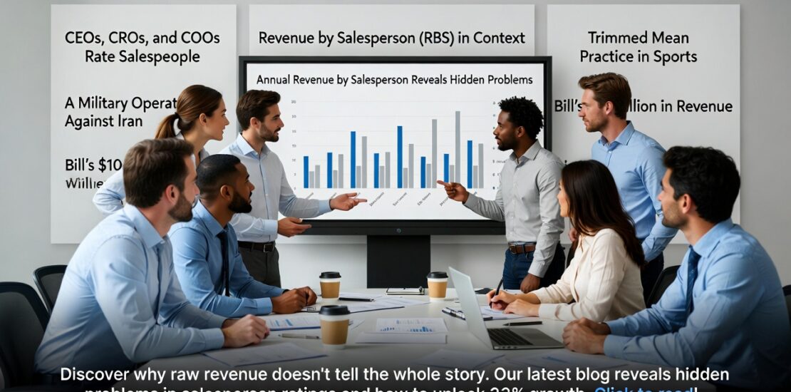 C-suite executives in boardroom analyzing faulty revenue by salesperson data with charts and trimmed mean insights to uncover hidden sales performance problems