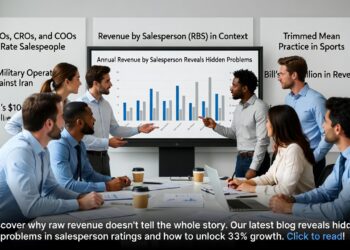 C-suite executives in boardroom analyzing faulty revenue by salesperson data with charts and trimmed mean insights to uncover hidden sales performance problems