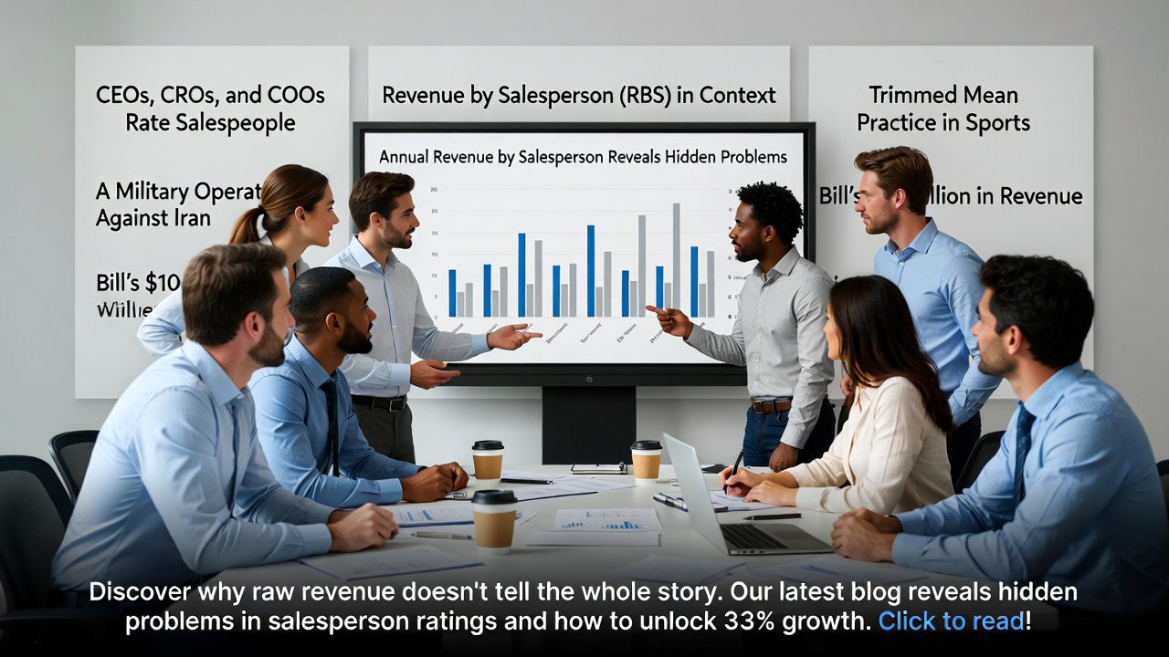 C-suite executives in boardroom analyzing faulty revenue by salesperson data with charts and trimmed mean insights to uncover hidden sales performance problems