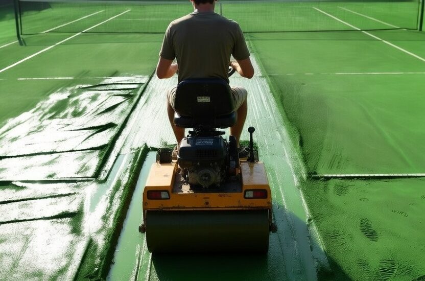 Young man riding a green motorized clay tennis court roller early in the morning, repairing wet courts after a rainstorm – illustrating Dave Kurlan’s “do whatever it takes” mindset from his sales mastery story