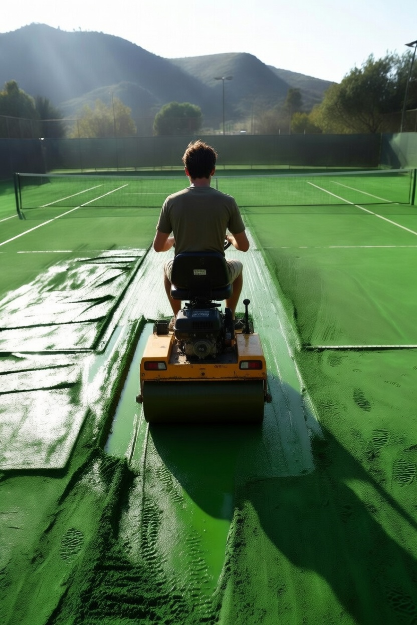 Young man riding a green motorized clay tennis court roller early in the morning, repairing wet courts after a rainstorm – illustrating Dave Kurlan’s “do whatever it takes” mindset from his sales mastery story