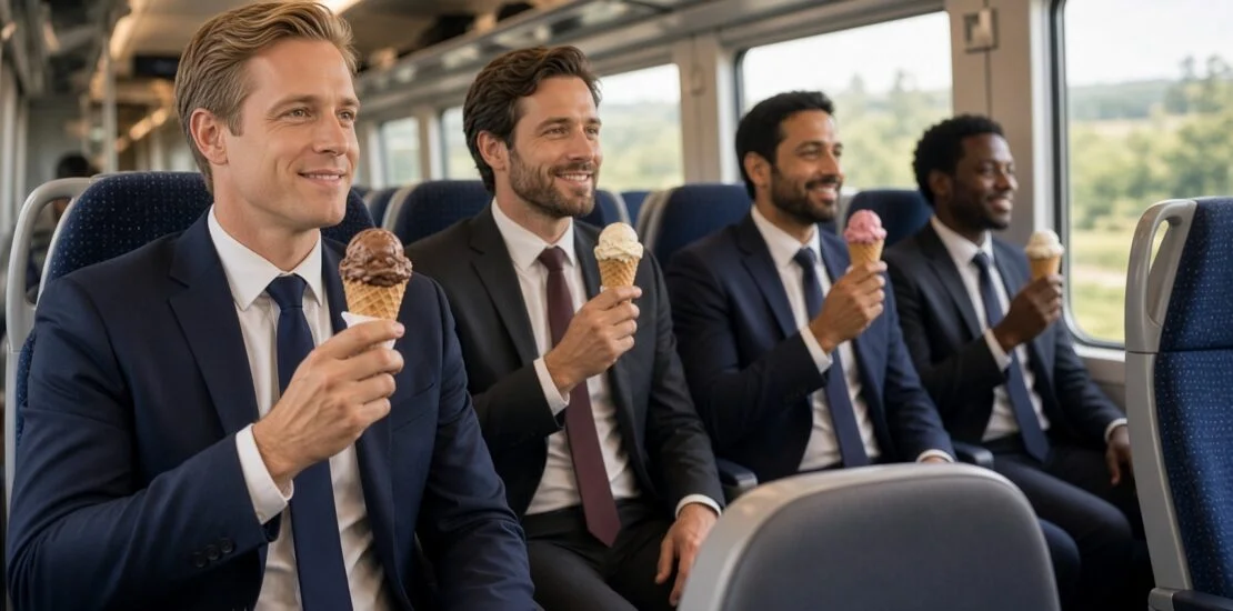 Businessmen eating ice cream cones while riding a train