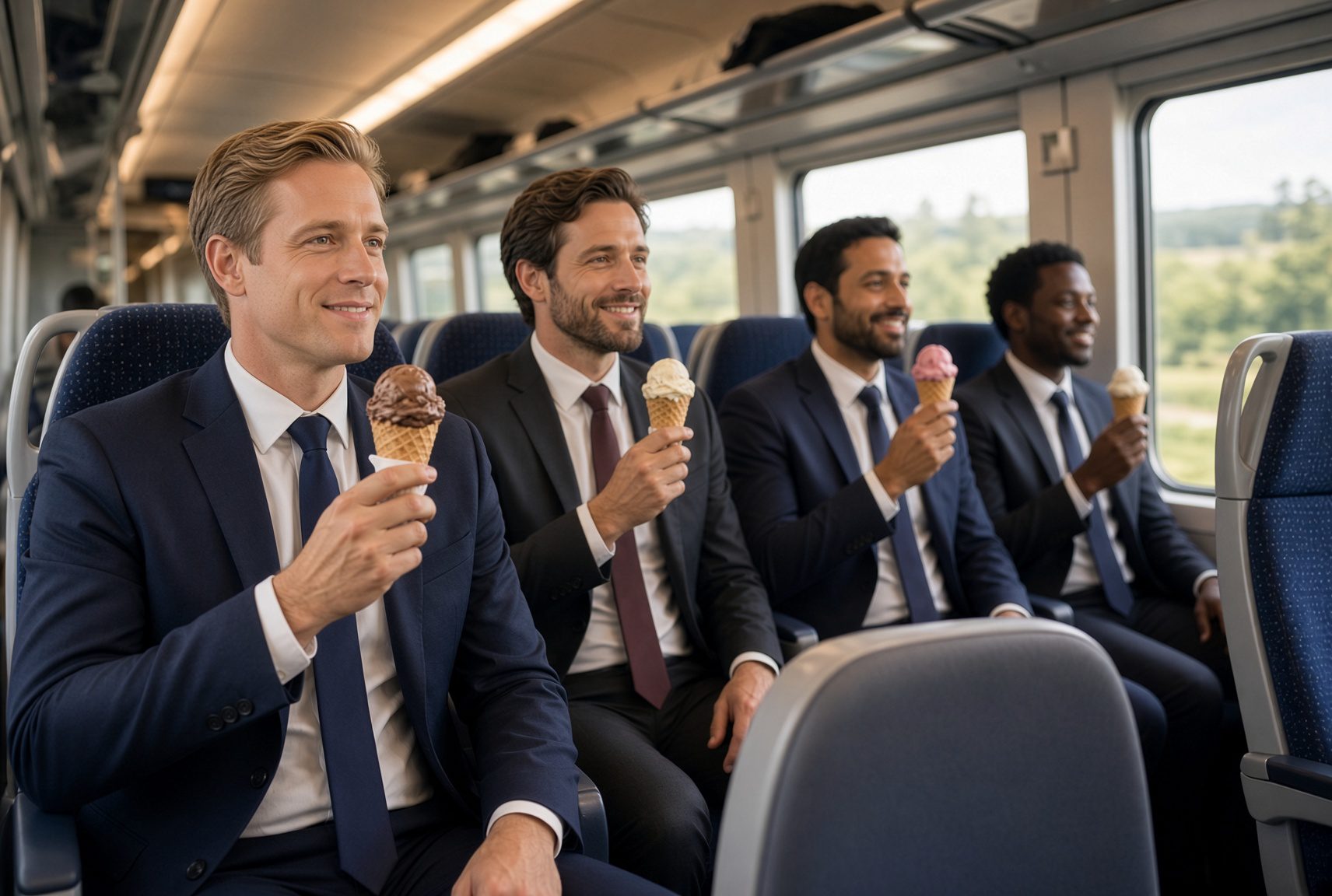 Businessmen eating ice cream cones while riding a train