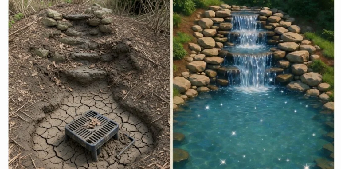 Before and after of a backyard waterfall pump: left side dry, buried in mud and mulch with clogged pump; right side clean with clear flowing water—visual metaphor for unburying a stalled sales pipeline
