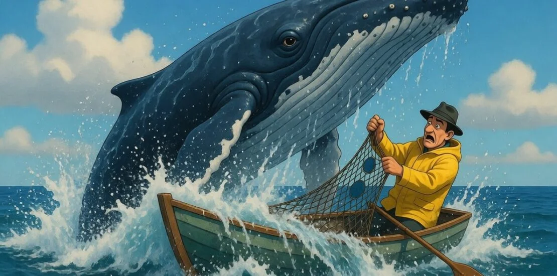 Frustrated fisherman in a tiny rowboat holding up a comically small fishing net full of holes, completely overwhelmed as a massive whale breaches right beside him — the perfect visual for chasing whales with the wrong tools.