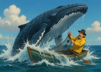 Frustrated fisherman in a tiny rowboat holding up a comically small fishing net full of holes, completely overwhelmed as a massive whale breaches right beside him — the perfect visual for chasing whales with the wrong tools.