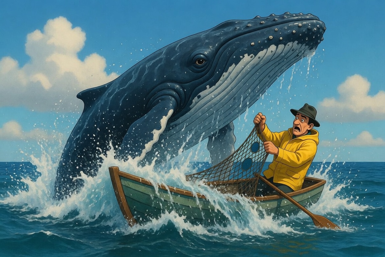 Frustrated fisherman in a tiny rowboat holding up a comically small fishing net full of holes, completely overwhelmed as a massive whale breaches right beside him — the perfect visual for chasing whales with the wrong tools.