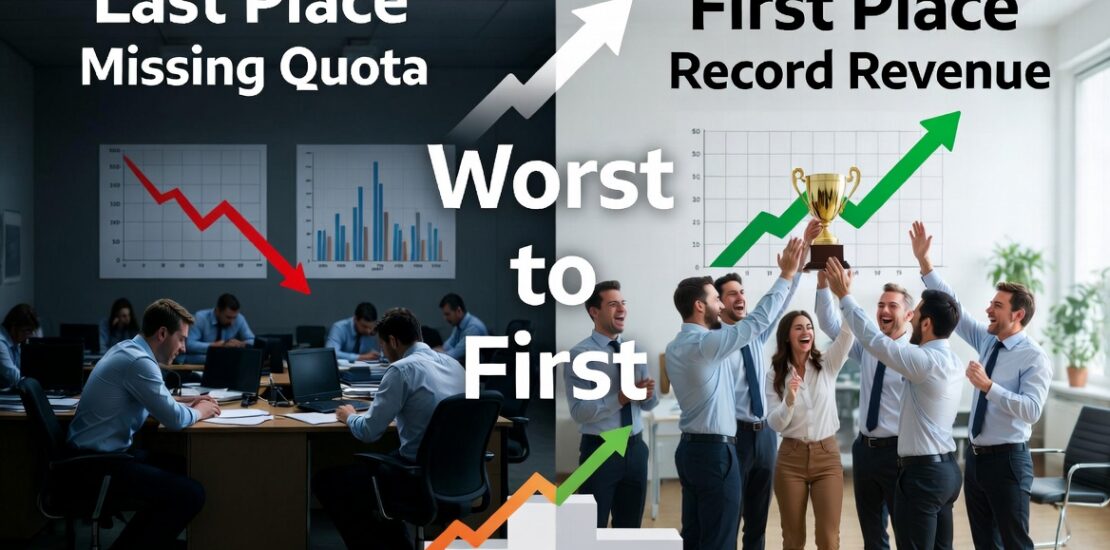 Split-image motivational graphic showing a sales team transforming from struggling and missing quota (dark left side) to celebrating record success with trophy and rising revenue (bright right side). Large "Worst to First" text in the center with the message "Leadership + Culture Change = Championship Performance" at the bottom. Ideal visual for sales leadership article.