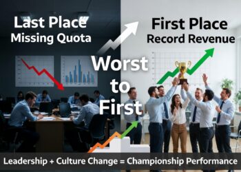 Split-image motivational graphic showing a sales team transforming from struggling and missing quota (dark left side) to celebrating record success with trophy and rising revenue (bright right side). Large "Worst to First" text in the center with the message "Leadership + Culture Change = Championship Performance" at the bottom. Ideal visual for sales leadership article.